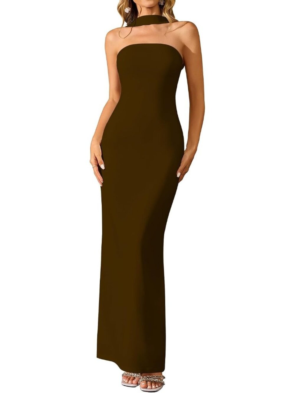 Women's Brown Formal Wedding Guest Cocktail Fall Halter Neck Bodycon Maxi Dress